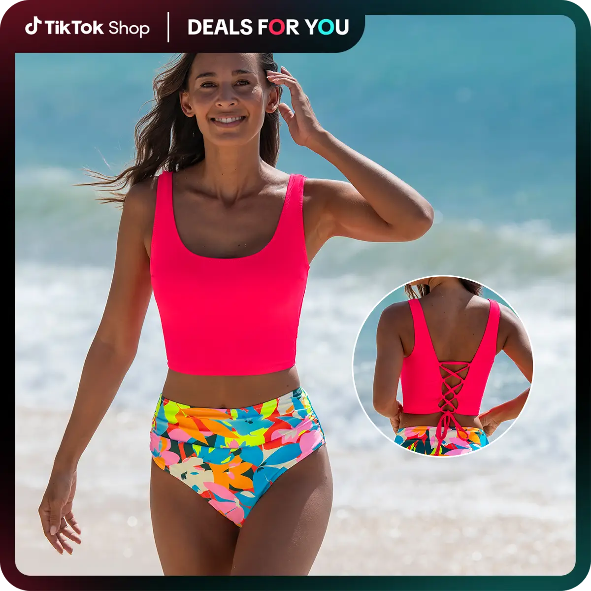 【swimsuits clearance】Popvil Neon Floral Tankini Set High Waist Padded Adjustable Lace-Up Back Bikini for Beach & Vacation Wear Women Swimwear,dealsfor