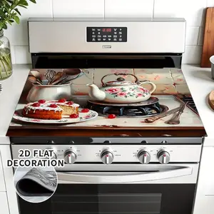 1 electric stove cover with teapot and cake design - rubber lining, decorative stove protector suitable for any kitchen, 2D graphic design, stove protector, diatomaceous earth oven mat, Stove Plate, Range Burner