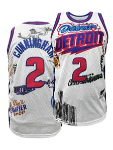 High Quality Detroit #2 White Graffiti Fan Edition Basketball Jersey, Breathable Crew Neck Sleeveless Tank Top, Exquisite Letter & Number Embroidery, Loose Fit Comfortable Sportswear, Unisex All Seasons Wear