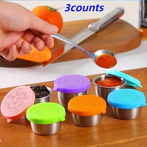 3 Colorful Sauce Cups with Leak-Proof Silicone Lids, Stainless Steel Condiment Containers, Portable Kitchen Storage, Camping BBQ, School Lunch Box, Leakproof Dipping Containers