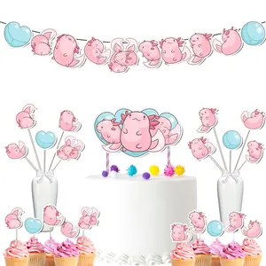 Cute Axolotl Baby Shower & Birthday Party Decor Set - Banner, Cake & Cupcake Toppers, Centerpieces
