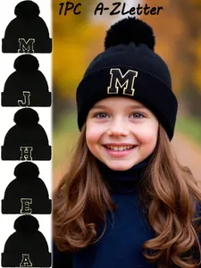 Knit Hat Single Ball Pom Pom Beanie Knitted Hat, 26 Embroidered Letters, Fall Winter Outdoor Daily Wear, Customizable Clothing Accessory 3-9y