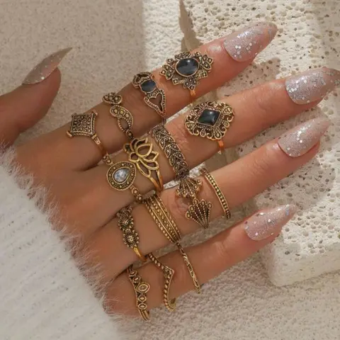 Vintage Exaggerated Hollow Out Carved Flower & Leaf Shaped Ring Set, Geometric Design Ring, Fashion Artificial Gemstone Decor Ring for Women, Daily Wear Jewelry Accessory, Boho Style Rings