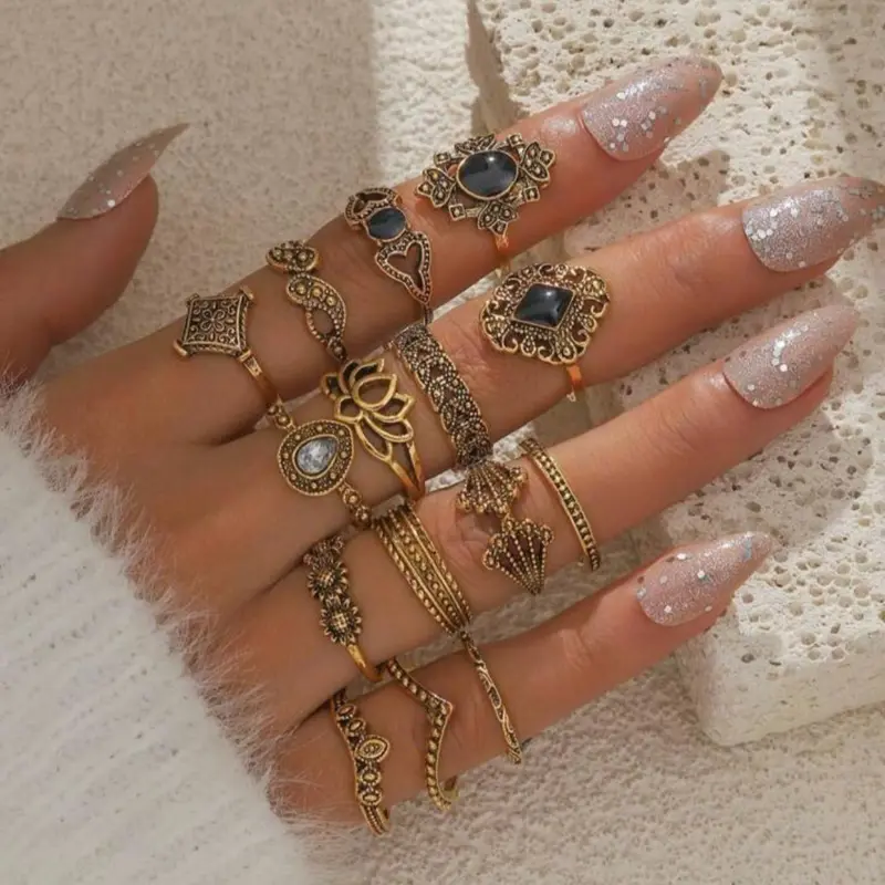 Vintage Exaggerated Hollow Out Carved Flower & Leaf Shaped Ring Set, Geometric Design Ring, Fashion Artificial Gemstone Decor Ring for Women, Daily Wear Jewelry Accessory, Boho Style Rings