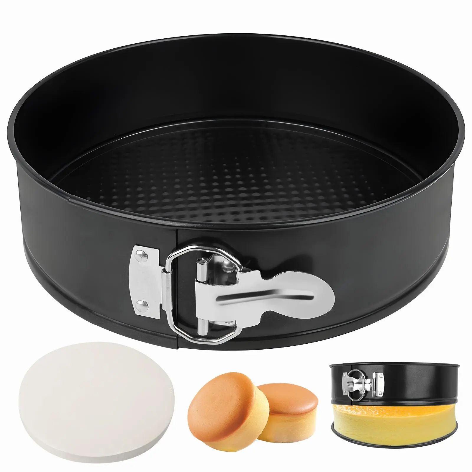 9 Inch Springform Pan with 50pcs Parchment Paper, Nonstick Carbon Steel Cheesecake Pan with Removable Bottom & Leakproof Latch, Heavy Duty Round Cake Molds for Baking, Cheesecake, Mousse, Pizza.- Black.