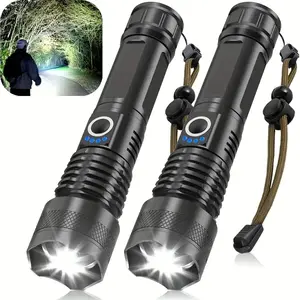 2 Pack LED Rechargeable Flashlight High Lumens,Super Bright,IPX7 Waterproof,12-Hour Long Life, 5 Modes,Portable,Zoomable Flashlights,Outdoor Torch,for Fishing, Camping,Hiking,Security multifunctional light Power Bank USB lumen controller