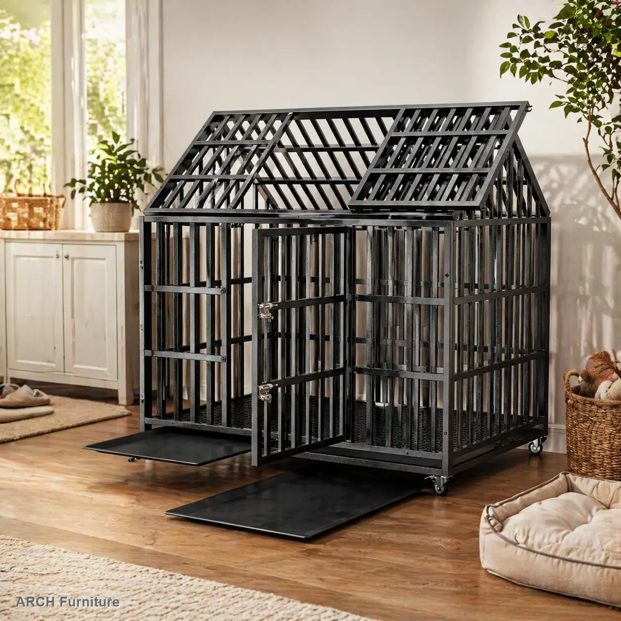 52" Heavy-Duty Steel Dog Crate for Large Breed Dogs - Escape-Proof Kennel, Secure Enclosure, Modern Spire-Shape Arch Peaked Roof, Strong Metal Build, 4 Lockable Wheels, Easy Cleanup, Partially Assembled