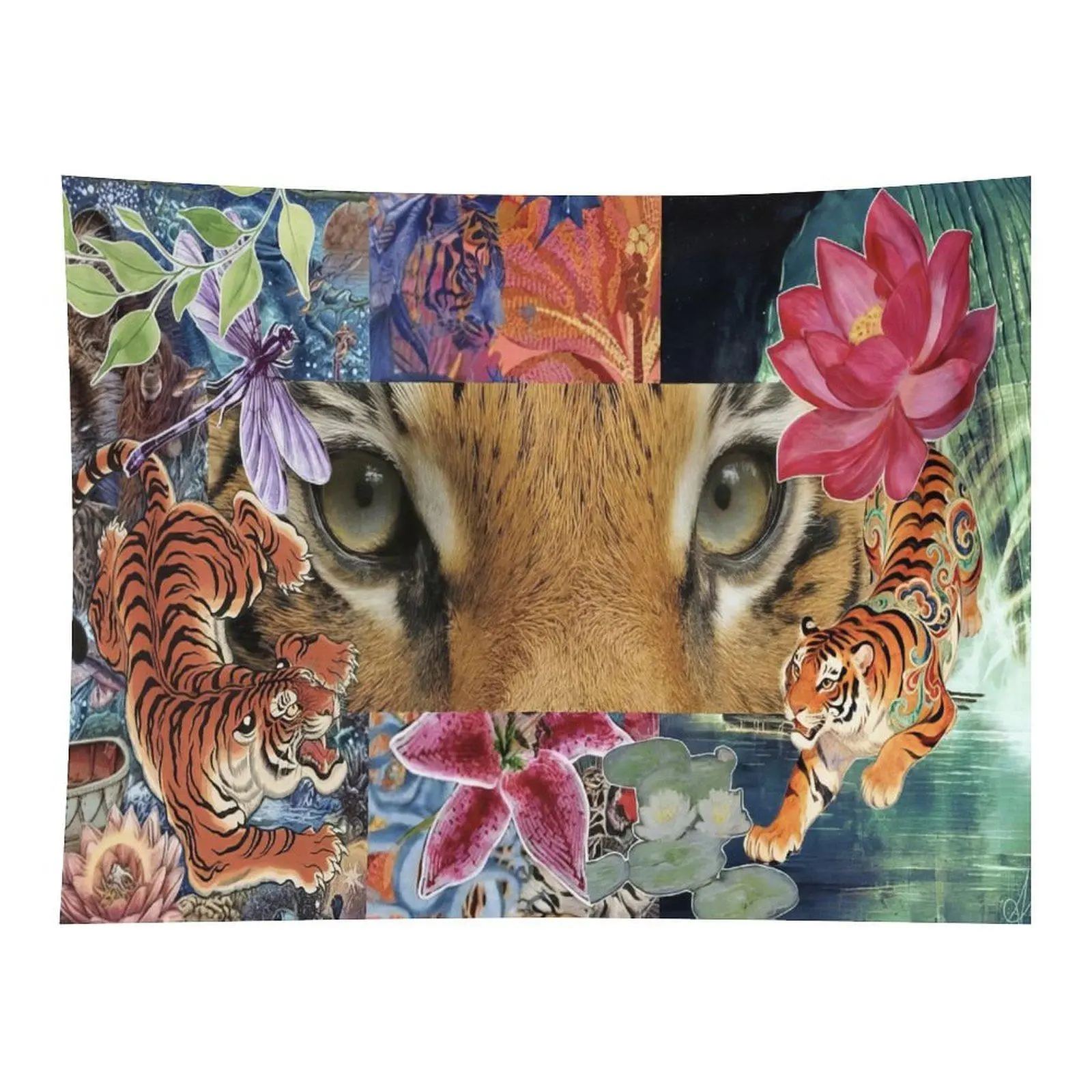 Vintage Collage Wall Tapestry Featuring Tigers, Lotus Flowers and Dragonfly Artwork for Bohemian Room Wall Decoration