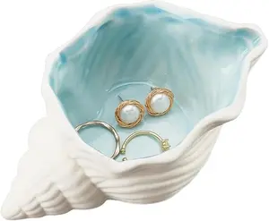 Conch Shape Ceramic Jewelry Tray, Aqua Shell Trinket Dish Ceramic Ring Earring Holder Ocean-themed Decorative Trinket Plate for Rings Earrings Necklaces