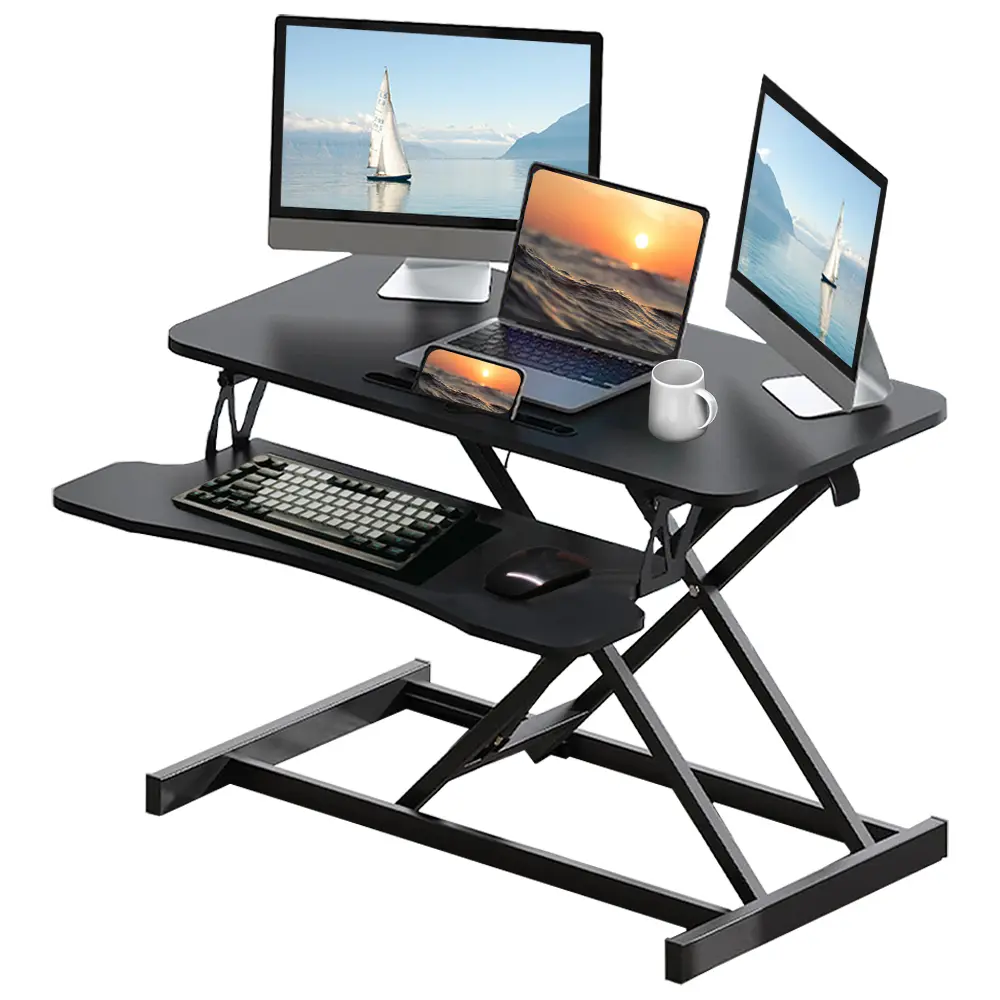 32-Inch Ergonomic Rising Desk Converter, Adjustable Height Display Sit-to-Stand Riser, 31.5” x 15.7” Dual Monitor & Laptop Workstation with Wide Keyboard Tray, 30 lbs Capacity, Fully Assembled, Black, Ergonomic Rising Desks