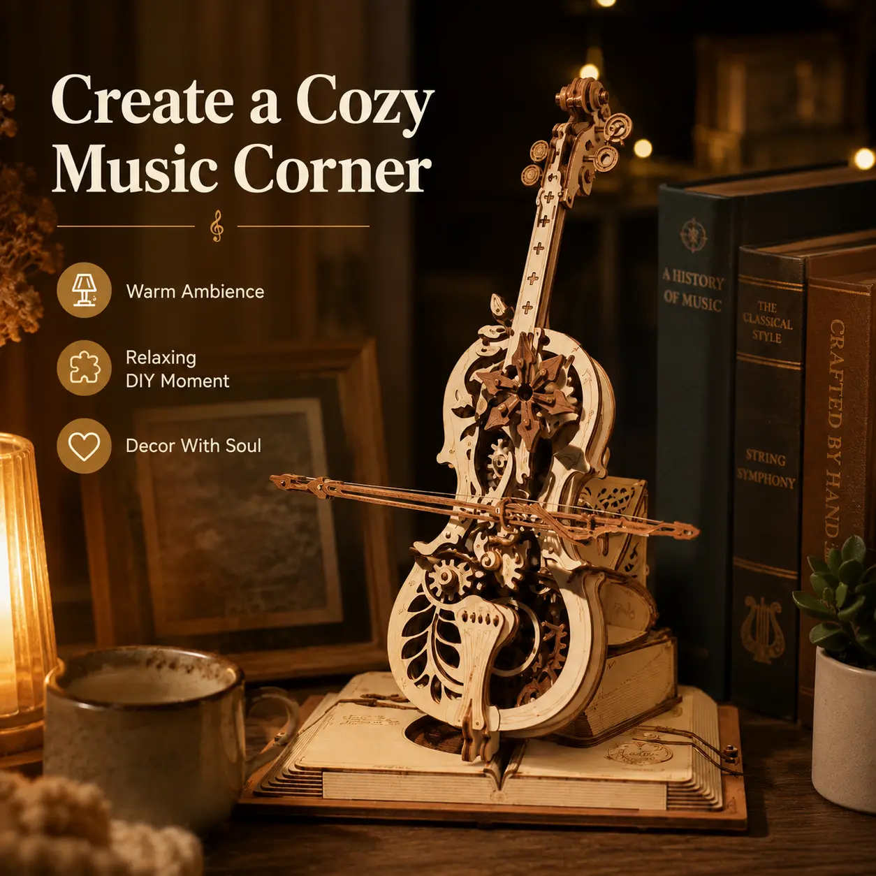 【ROKR】Vintage Cello 3D Wooden Puzzle - DIY Mechanical Gear Music Box Kit, Stress Relief Desk Decor & Gift for Classical Music Lovers