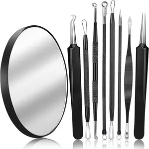Pimple Popper Tool Kit, 10PCS Blackhead Remover Tools Including 8pcs Comedone Extractors，10X Blackhead Mirror and a Leather Bag，Black Skincare Comfort