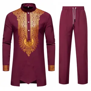 Men's African 2 Piece Set Metallic Traditional Suit Floral Printed Mens African Dashiki Shirt and Pants Outfit