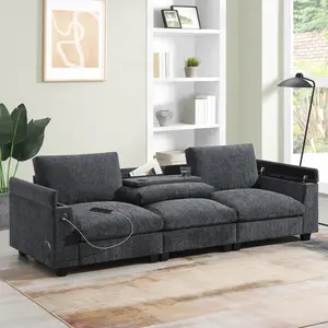 96*35''Chenille Sectional Sofa with Bluetooth Speaker,Comfy Cloud Couch Set with Drop Down Table,Cup Holders,USB Charger,Storage Armrest,Wide Seat Sofa for Living Room,Apartment,Office