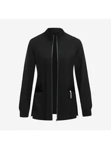 New Multi-pocket Black Long-sleeved female Nurse Casual Jacket Beauty Salon Overalls Pet Hospital Doctor Nurse Daily Practical Jacket