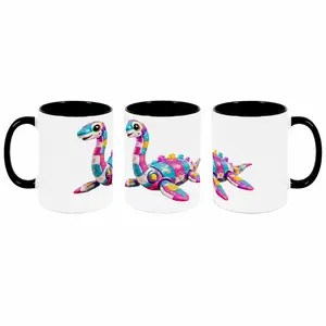 11oz Dopamine Cyber Plesiosaur Ceramic Mug - Kawaii Robot Sea Dinosaur Coffee & Tea Drink Cup, Black Interior, Washable, Reusable, Microwave-Safe, Dishwasher-Safe