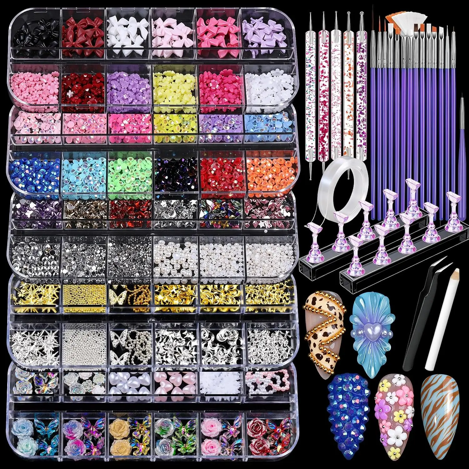 Summer Gift Nail Art Tools and Nail Charms Set, Nail Art Kit with 5 Boxes of Nail Charms and Gems, 15 Pcs Nail Art Brushes, 5 Pcs Nail Dotting Tools, 2 Set of Nail Stand