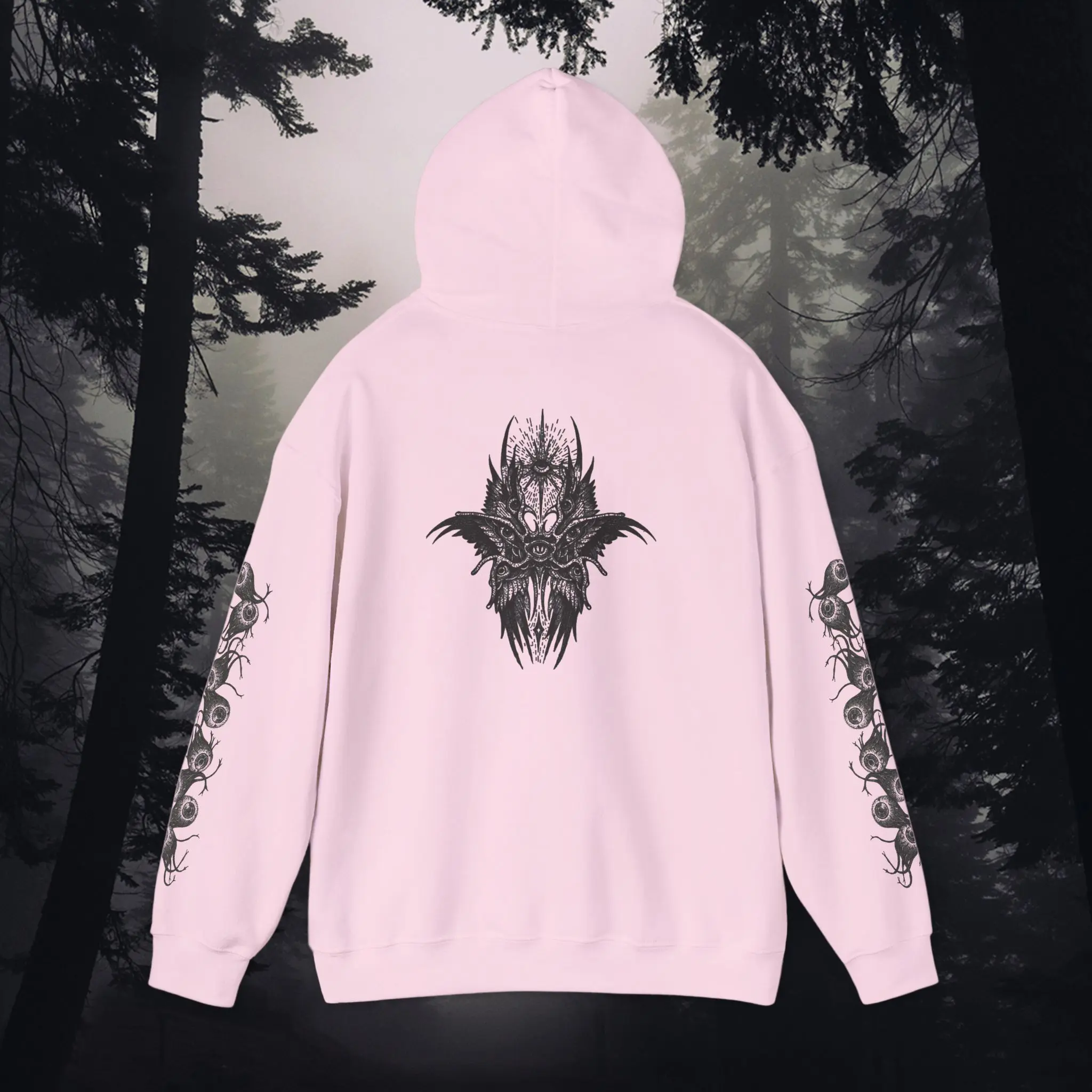 Gothic Angel Eyes Cross Sleeve Hoodie | White hooded sweatshirt with creepy eyes