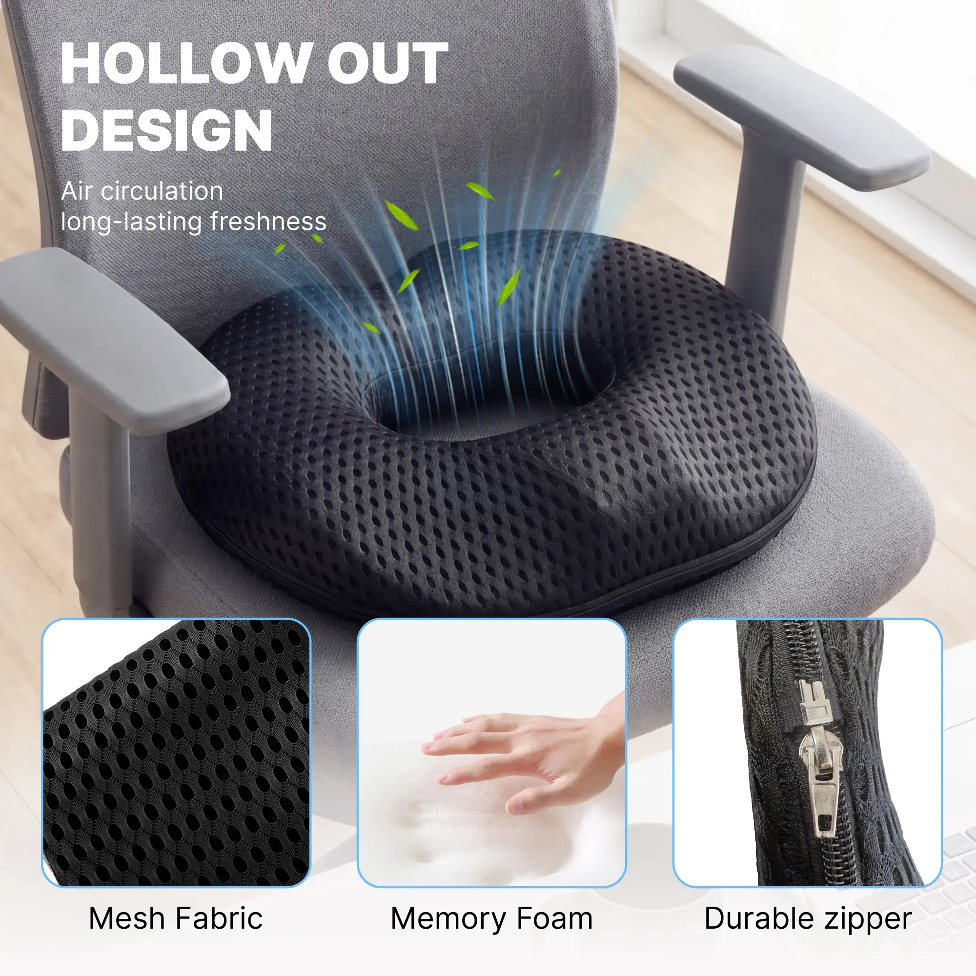 Ergonomic Hollow Design Memory Foam Donut Seat Cushion with Mesh - Easy to Clean, Pressure-Relief for Office Chair, Car Seat, Adults’ Tailbone Relief, Ergonomic Tailbone Support, Long Sitting Comfort
