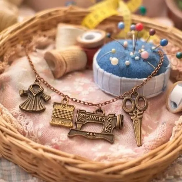 Handmade Sewing Themed Charm Necklace with Coat String Machine Charms for Craft Lovers Perfect Gift for Sewing Enthusiasts