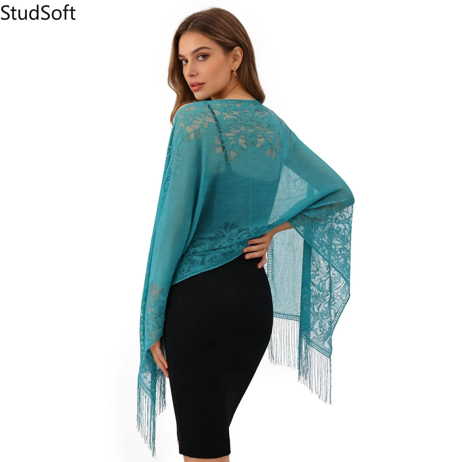 Women's Summer Long Scarf, Shawl, and Head Wrap — Solid Color, Lace Cutout, Tasseled Silk Scarf