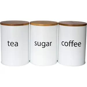 3 count White Metal Canisters Sugar Coffee  Storage Jars for Kitchen Countertop Round with  Lid Farmhouse Country Kitchen Decor