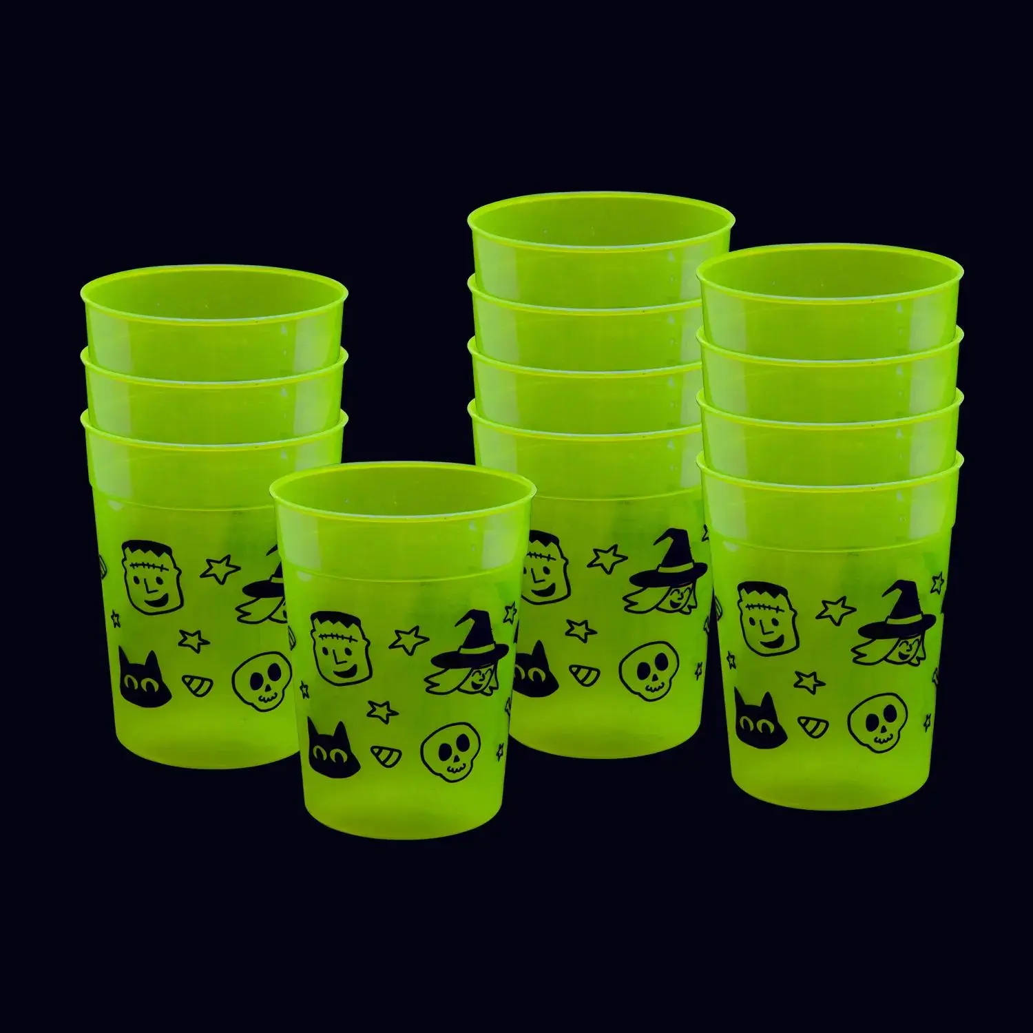 Glow-in-the-Dark Halloween Frightfully Fun Reusable Plastic Cups – 4" 10 oz., 12 Counts