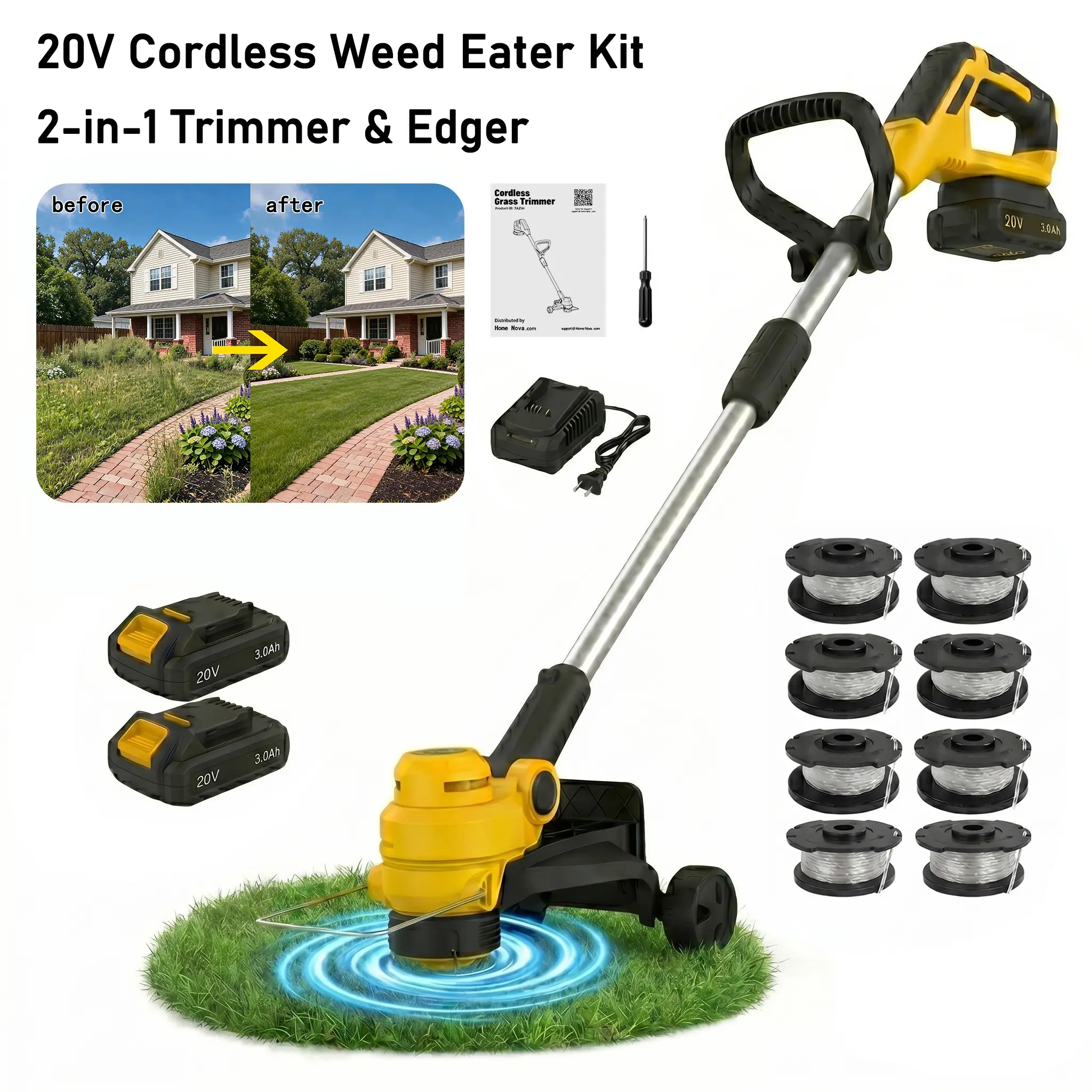 12" 20V Cordless String Trimmer, 2 Batteries Powered Auto Feed Weed Wacker, Lightweight 8.16lbs Electric Grass Edger for Lawn Garden Yard