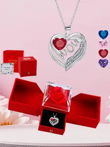 Mom Letter Love Heart Pendant Necklace, Birthstone Heart Pendant with Rose Gift Box, Jewelry Gift, Perfect Anniversary Gift, Heart Design Necklace