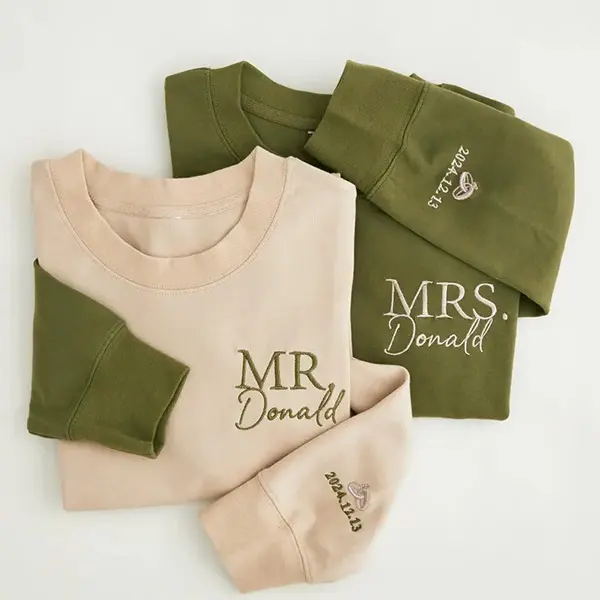 Embroidered Personalized Mr and Mrs Sweatshirt, Custom Couples Crewneck with Name and Date, Matching Wedding or Anniversary Gift Sweater
