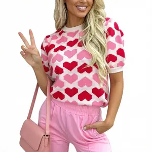 Asvivid Women's Heart Print Crew Neck Short Sleeve Sweater Knitwear Pink 2-tone Color Blocking Elegant Lightweight Knitted Tops Valentines Day Outfit
