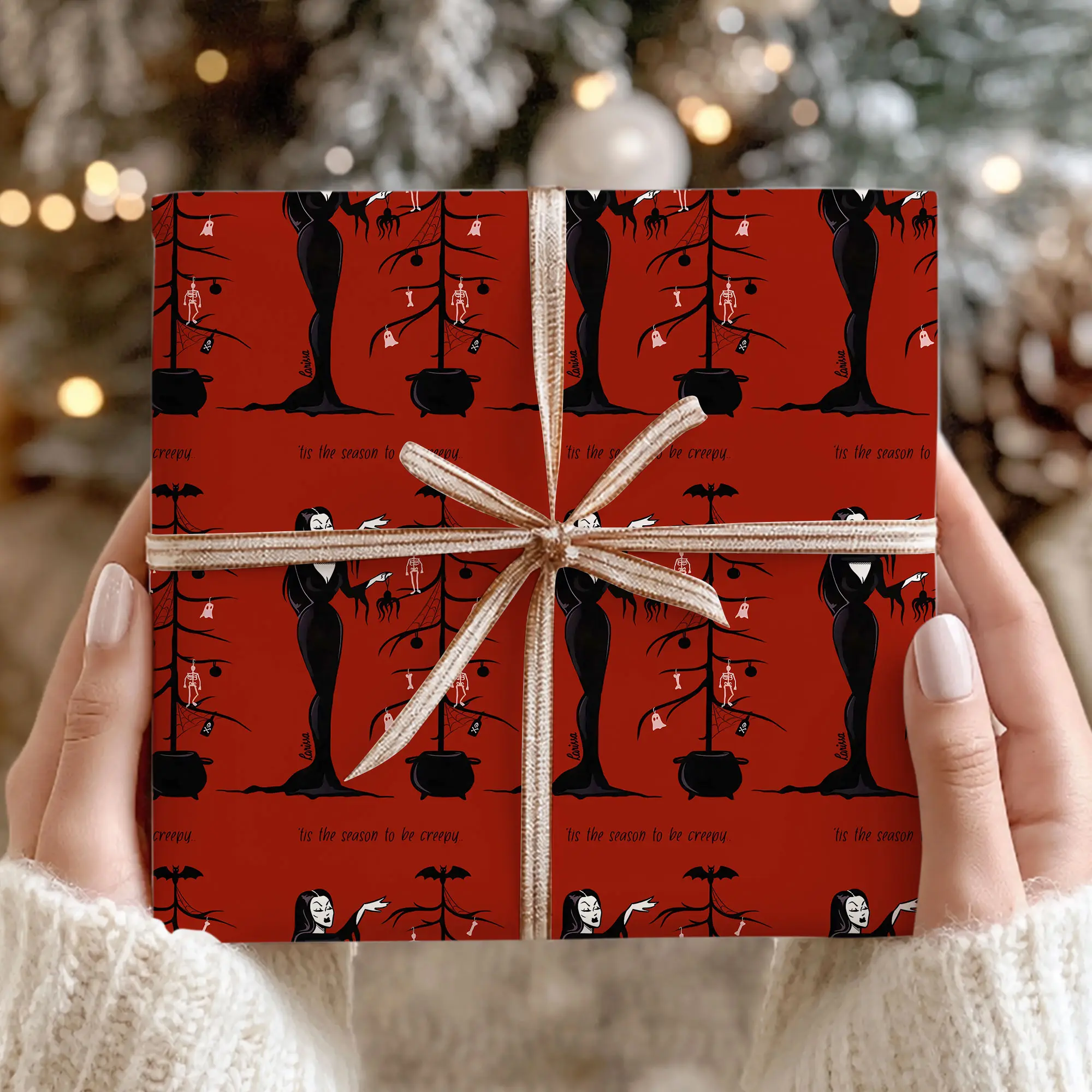 Dark Fantasy Christmas Wrapping Paper, Gothic Witch Cauldron Bat Gift Wrap Roll, Spooky Red Creepy Design for Birthday, Party Favors & Seasonal Gifts