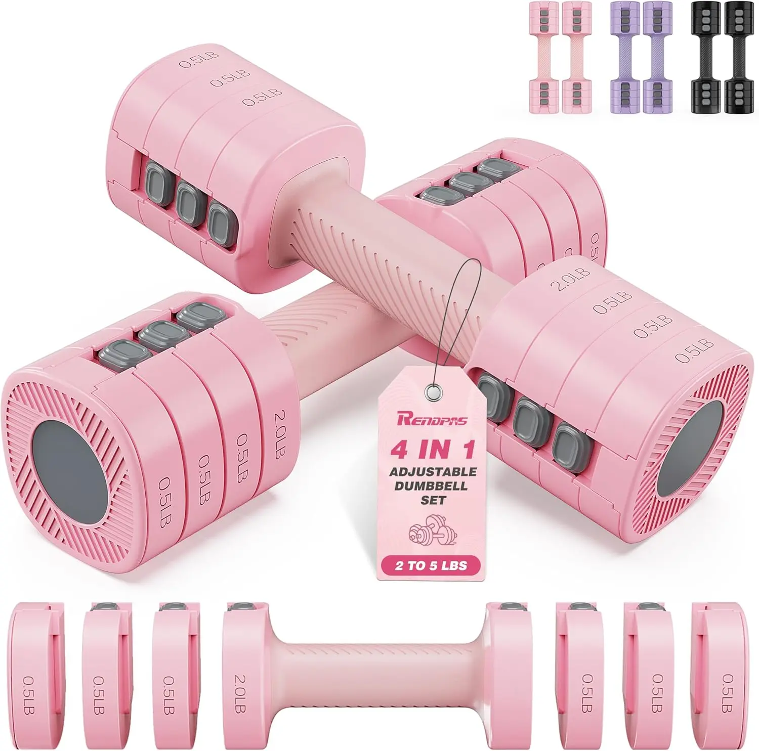 Hapsor Adjustable Weights Dumbbell Set of 2 (2-5 lb Each) - 4-in-1 Quick-Adjust Alloy Steel Compact Pink Weights with Silicone Medium Grip for Pilates, Home Strength Training