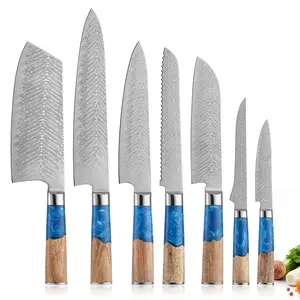 3-piece/7-piece set - Blue Resin Damascus style Chef Knife Set - Professional grade knives, multifunctional knives, blue resin handle, high-end set, perfect for gift giving, one-stop solution for kitchen knife inconvenience, stunning appearance