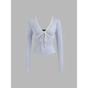 Cider [size 2-26] V-neck Gingham Knotted Long Sleeve Top