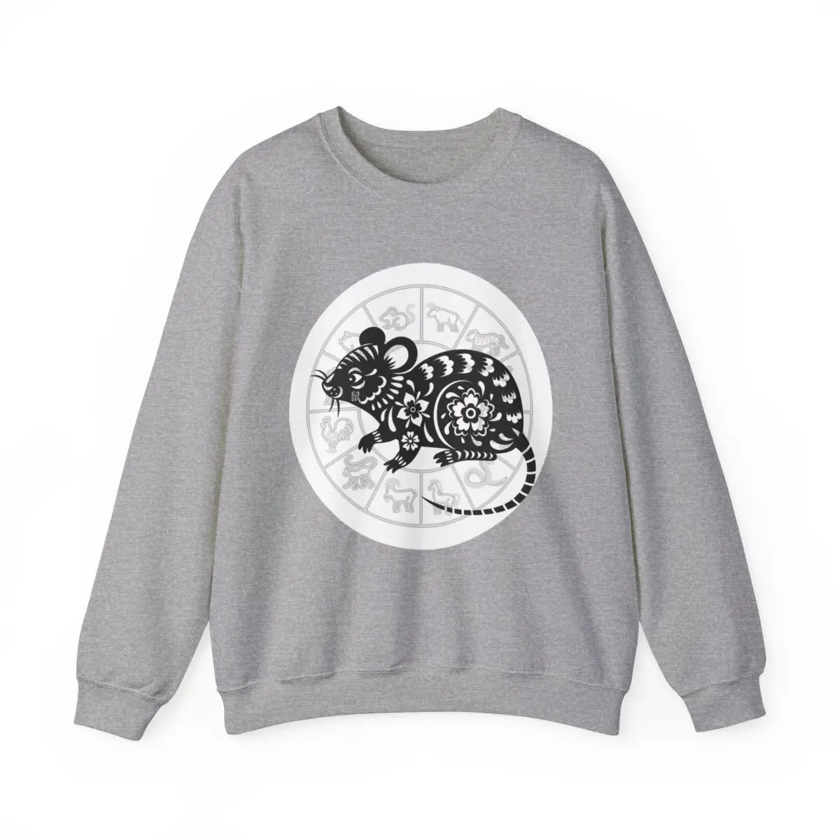 Printify Menswear Chinese Zodiac Rat Crewneck Sweatshirt, Unisex Heavy Blend Pullover with Longsleeves and Seamless Sides