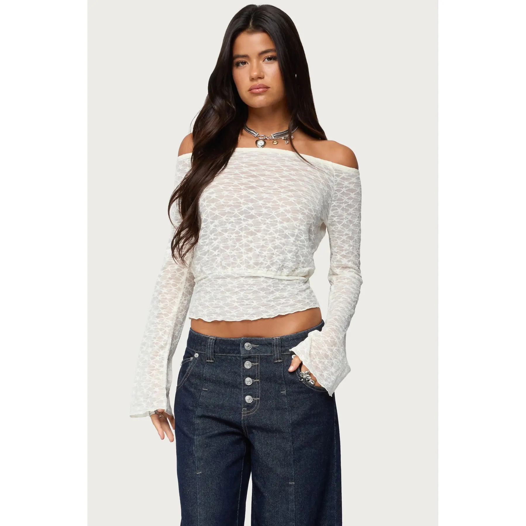 Alef Sheer Lace Off Shoulder Top