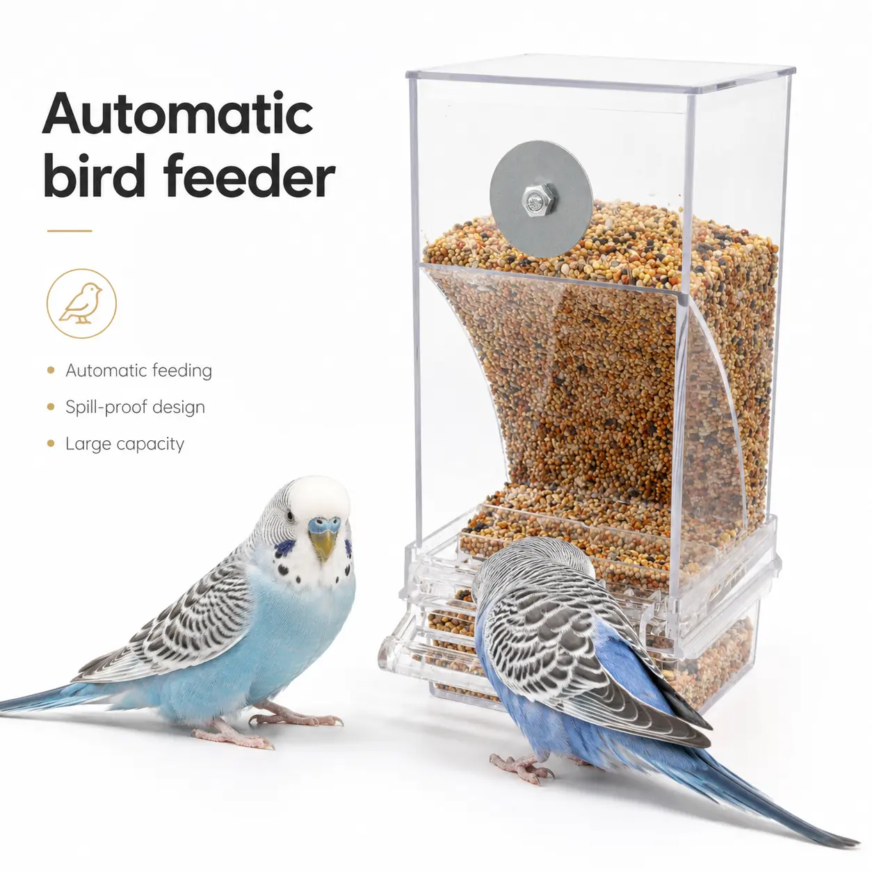 Durable Acrylic Automatic Bird Feeder toy - 1pc Hang-On Style, Gravity-Fed Refilling, Detachable Cleaning Tray, Fits Most Bird Cages (Ideal for Parrots, Canaries)