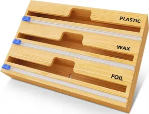 Foil and Plastic Wrap Organizer with Kitchen Aluminum Foil Holder, Cling Plastic Wrap Dispenser with Cutter and Labels, Bamboo Kitchen Wrap Organizer