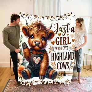 Cute Highland Cow Flannel Blanket, Soft Warm Modern Cartoon Design Slogan Print Blanket, Ideal Gift for Sofa Bed Office Travel, All Seasons Use Flannel Throw Blankets, Decorative Giftable Blankets