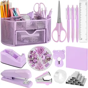 Office Supplies for Desk,14pcs Purple Desk Sets and Accessories, Office  Kit with Mesh Desktop Organizer and Stapler,Staple Remover, Staples,Tape Dispenser,Sticky Tabs,, Ruler