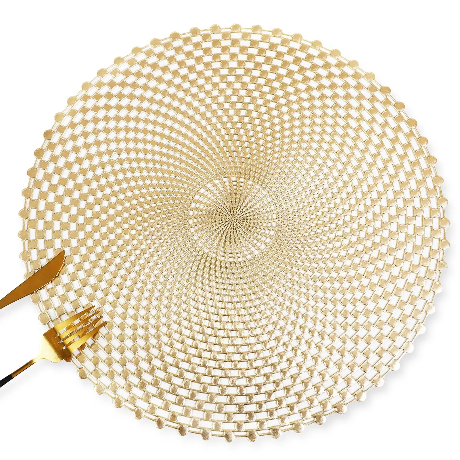 Set of 6 Gold Vinyl Round Circular Placemats, Washable Spiral Hollow Out for Dining, Birthday, Events, Home Decor & Daily Use, Waterproof Placemat, Dining Table Mats