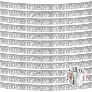 12 Pack 10 Feet Metallic Foil Fringe Garland Tinsel Streamers Banner, Silver Wall Hanging Tinsel Fringe Banners for Parade Floats, Wedding, Birthday, Christmas, New Year Party Decorations