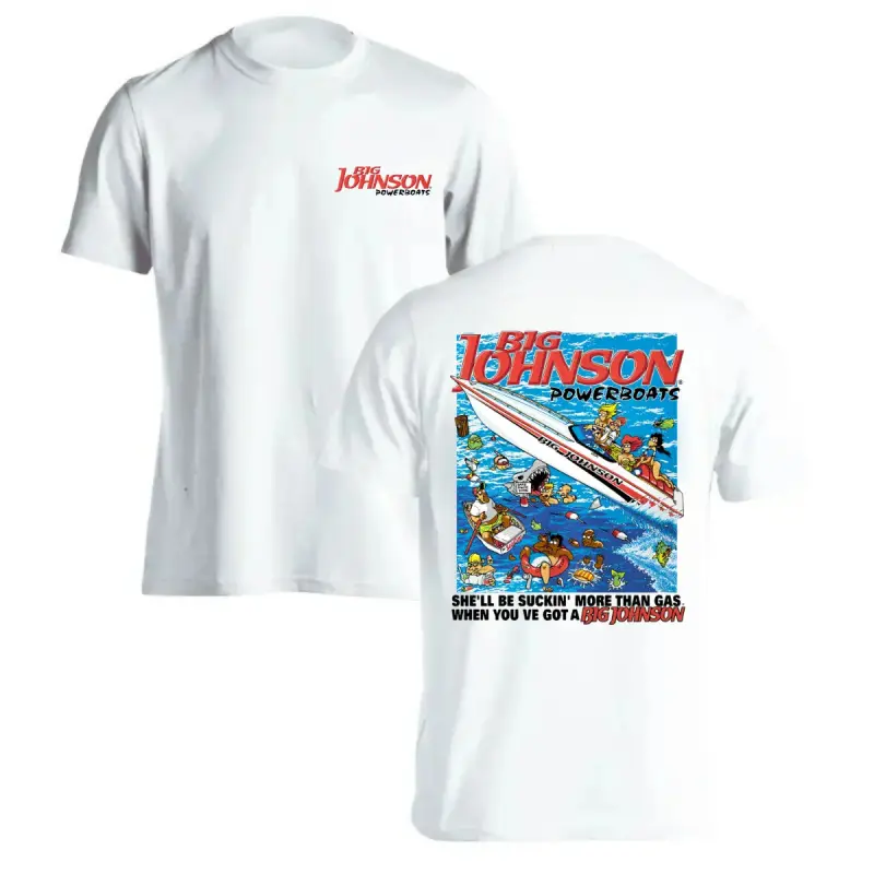 Mens Big Johnson Powerboats Retro Graphic T-Shirt - 2-Sided, Humorous Vintage Design, Classic Cotton Short-Sleeve Streetwear for Boating Enthusiasts, Casual Wear, Menswear Gift Idea
