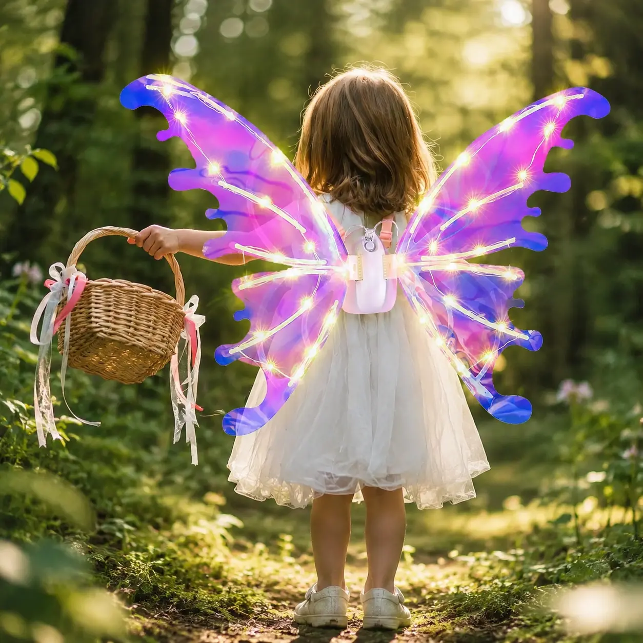 Motorized LED Fairy Wings, Light Up Moving Butterfly Wings with Music, Rechargeable Adjustable Costume Accessory for Halloween Cosplay & Parties