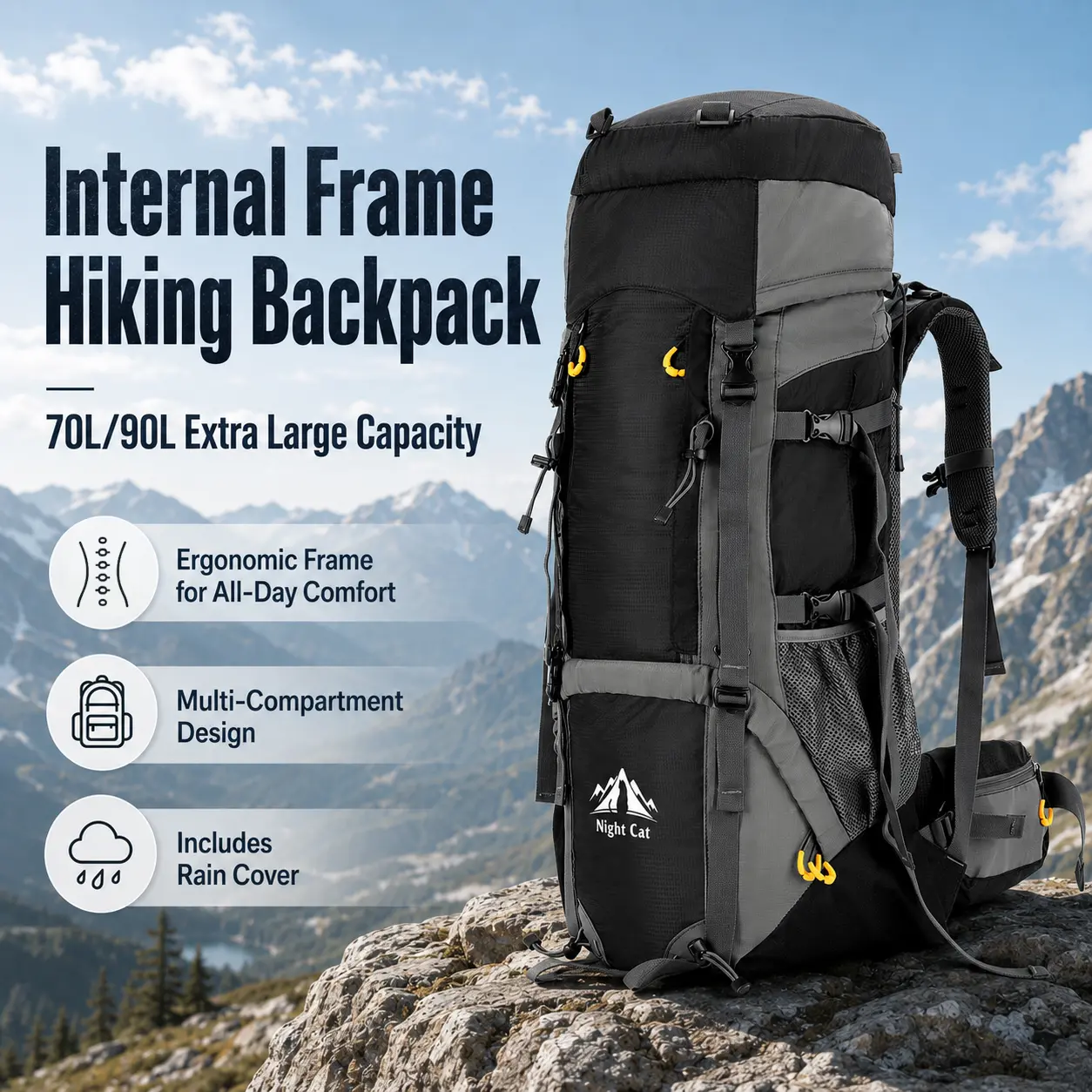 Night Cat 90L Unisex Internal Frame Hiking Backpack, High Quality Sturdy Waterproof Repellent Tear-Resistant with Rain Cover, Ergonomic Customizable Fit & Breathable Mesh for Outdoor Travel