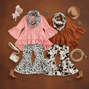 Toddler Baby Girls 3PCs Outfits Long Pullover Ruffle Dress Shirt Cow Print Flared Pants Set Spring Fall Clothes