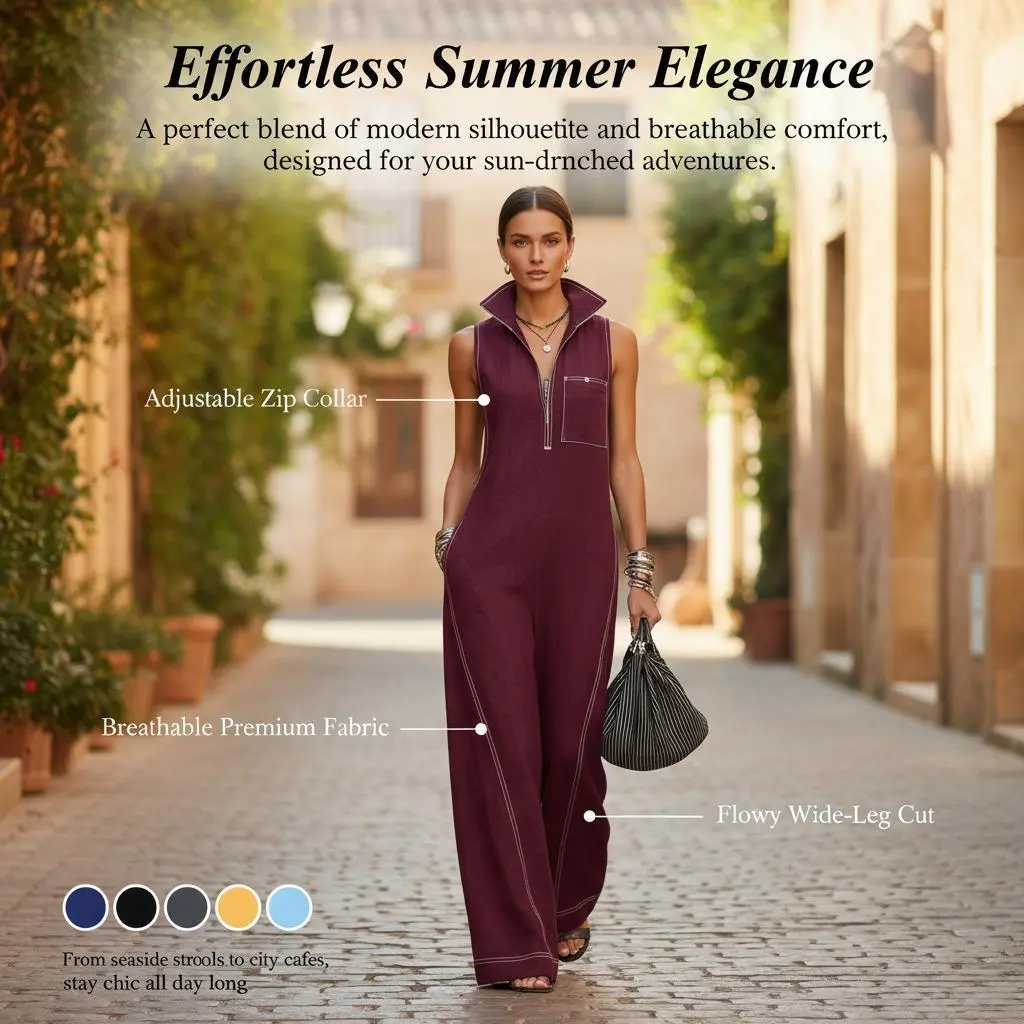 Vintage 2026 Stand Collar Sleeveless Jumpsuit, Women's Half Zip Topstitching Loose Linen Cotton Wide Leg Overall, Classy, Comfy, Everyday, Versatile, Classy, Stylish, Stretchy, Street Style, Lightweight