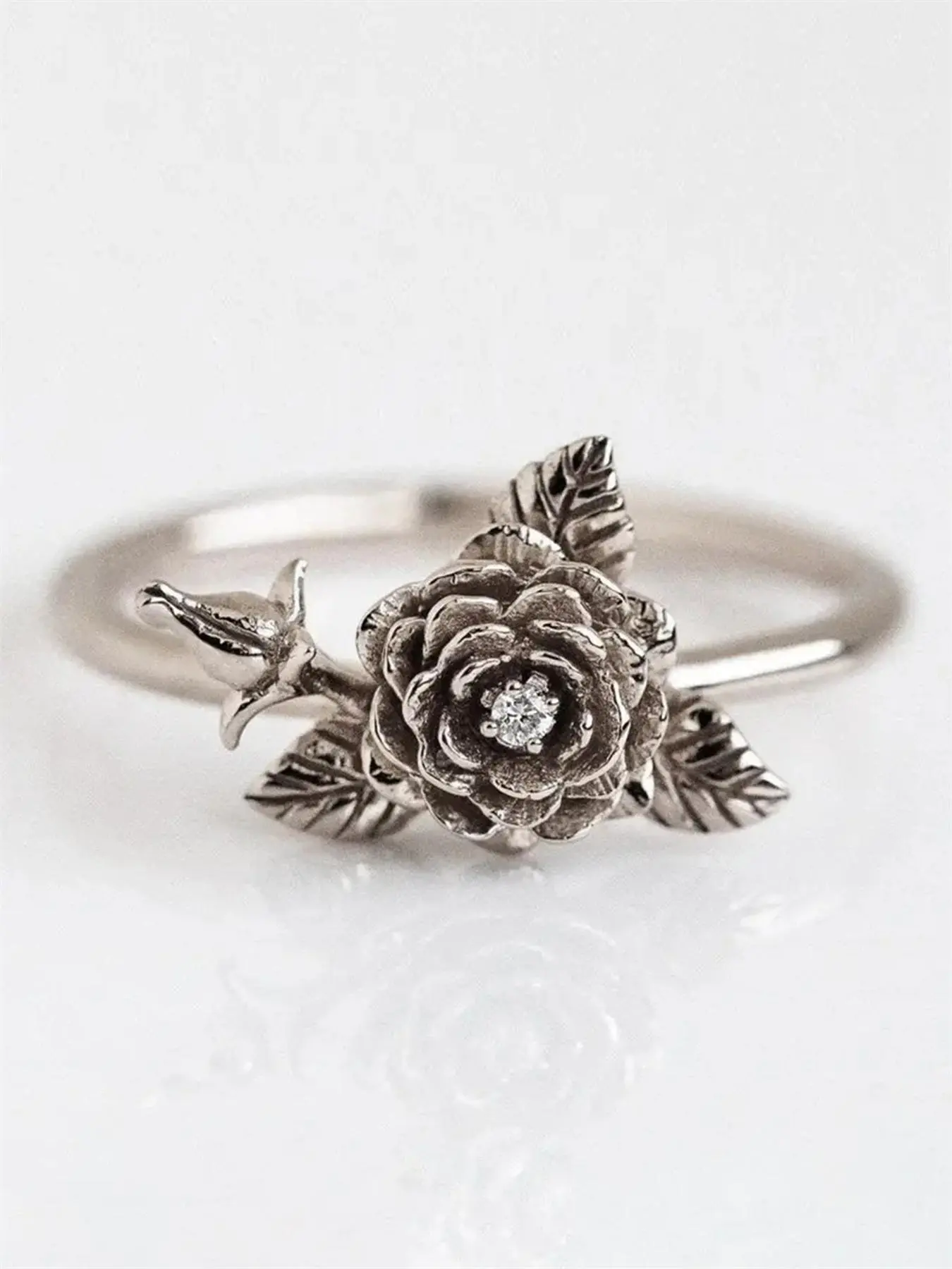 Vintage Flower & Leaf Design Cubic Zirconia Ring, Adjustable Floral Cuff Ring, Dainty Jewelry for Women, Fashion Jewelry for Parties, Daily Clothing Decor, Rose Flower Ring, Adjustable Rings, Beautiful Rings
