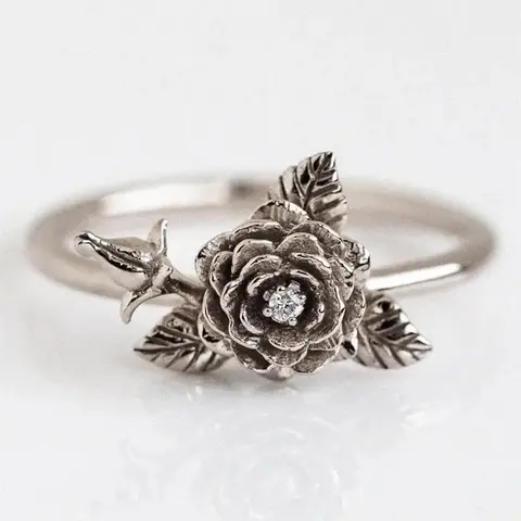 Vintage Flower & Leaf Design Cubic Zirconia Ring, Adjustable Floral Cuff Ring, Dainty Jewelry for Women, Fashion Jewelry for Parties, Daily Clothing Decor, Rose Flower Ring, Adjustable Rings, Beautiful Rings